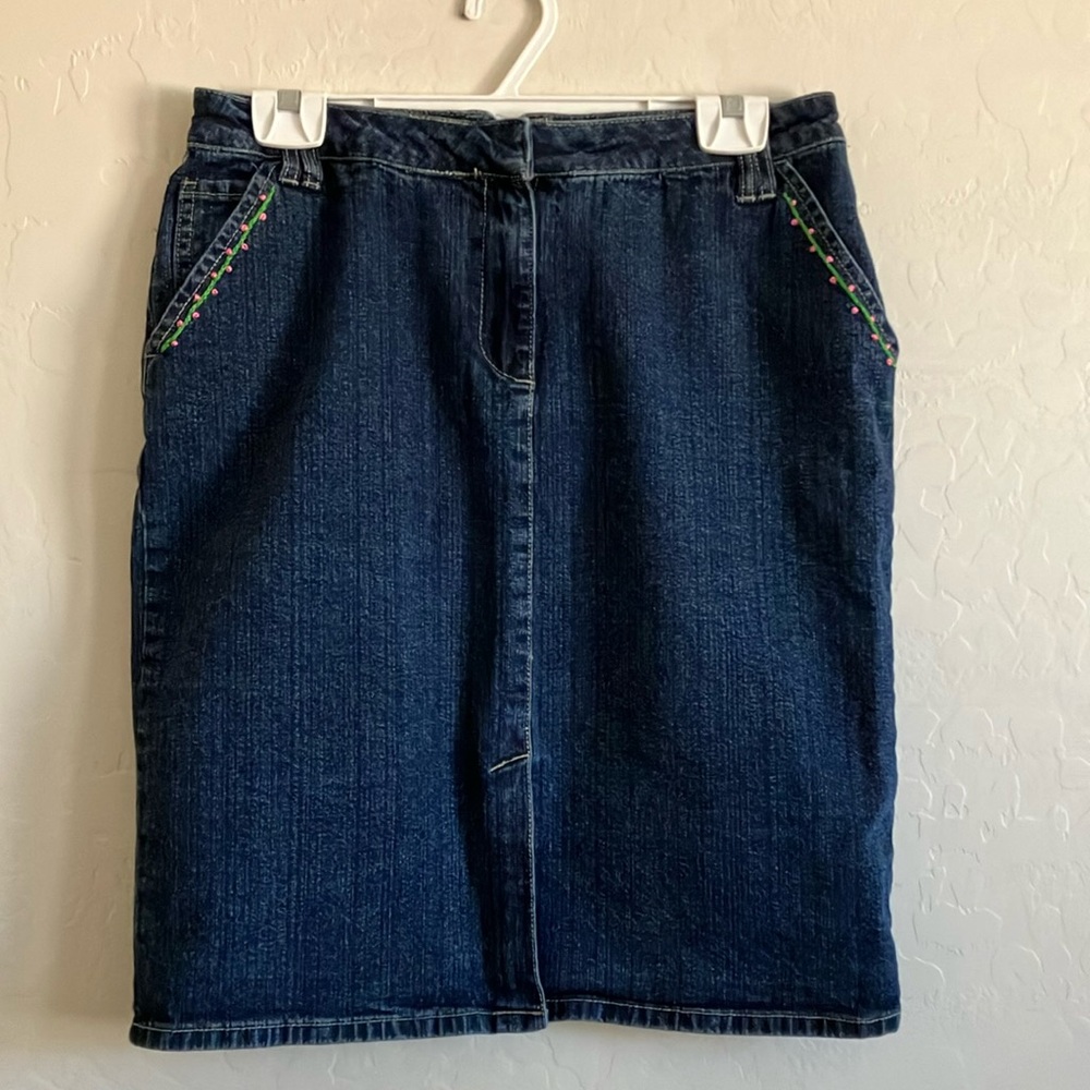 Embroidered Denim Skirt 10 Womens Blue Jean Knee Length Vine Floral Saint Tropez